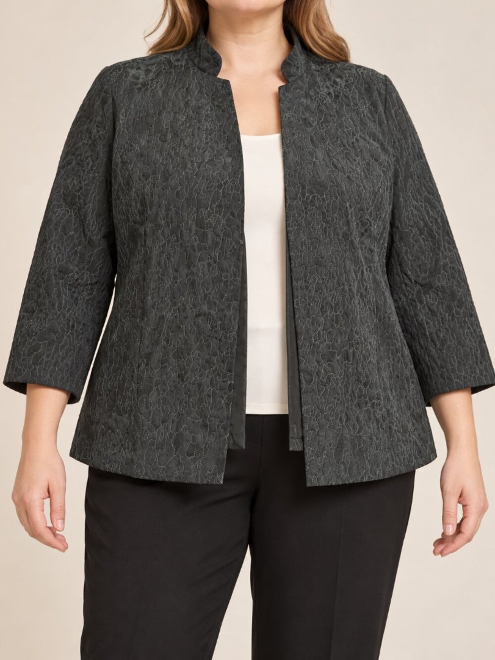 Eileen Fisher Charcoal Textured Embroidered Open Front Jacket XL